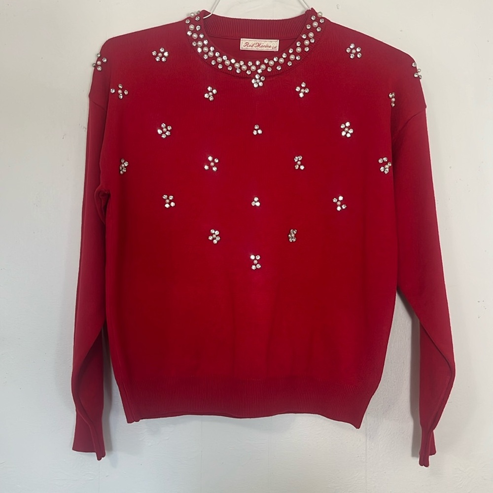 Red Marine embellished pearl rhinestone knit sweater small